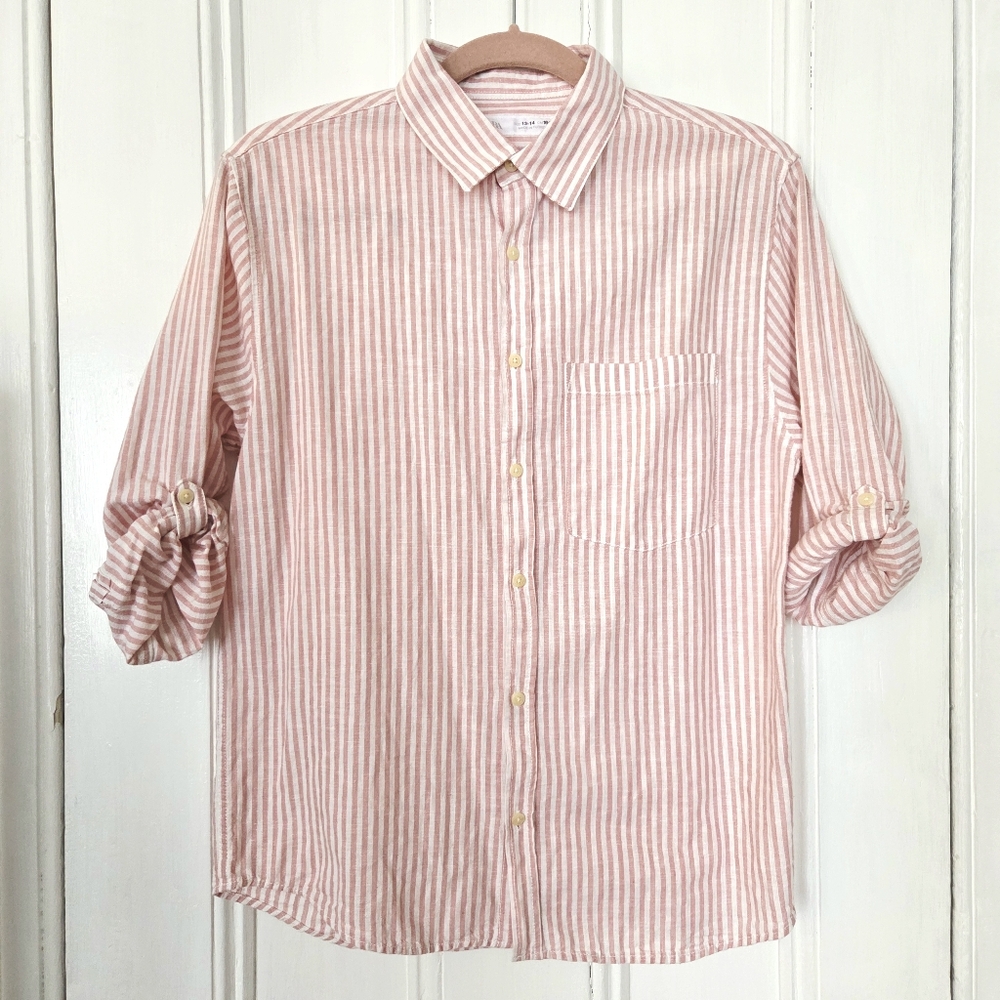 Zara Pink and White Striped Button-Down Shirt